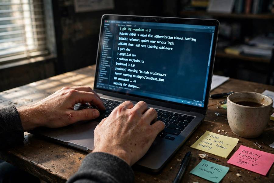 Hands on a laptop in a dim office