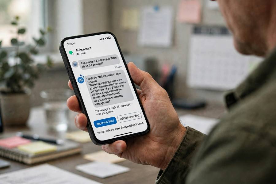 A professional checking an AI assistant's morning briefing on a phone