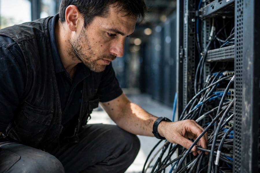 An engineer working among server racks in a data center corridor